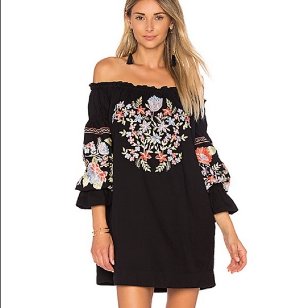 Free People Size XS Embroidered Black Off-Shoulder Dress